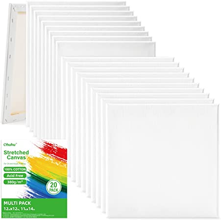 Ohuhu Stretched Canvas Multi Pack, 11x14", 12x12", Set of 20, Primed White Blank, 100% Cotton Frame Canvas for Acrylic Pouring, Oil Paint, Wet & Dry Art Media, for Artists, Beginners