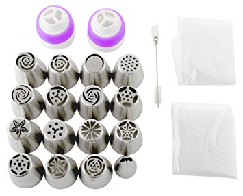 Russian Piping Tips Set (29-Piece Kit) | 15 Stainless Steel Icing Nozzles, 1 Leaf Tip, 10 Disposable Pastry Bags, 2 Couplers & 1 Brush | Flower Frosting Tools for Cake, Cookie, Cupcake Decoration