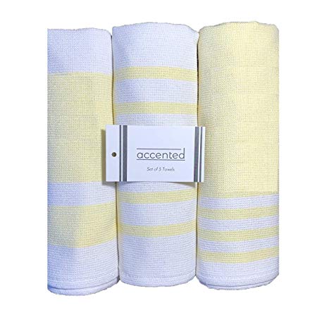 Accented Kitchen Towels, Set of 3 - Hand Loomed, Fast Drying, Absorbent Tea Towels - Turkish Cotton Terry Back Dish Towel Set with Hanging Loop - (19 x 26 inches) (Yellow)