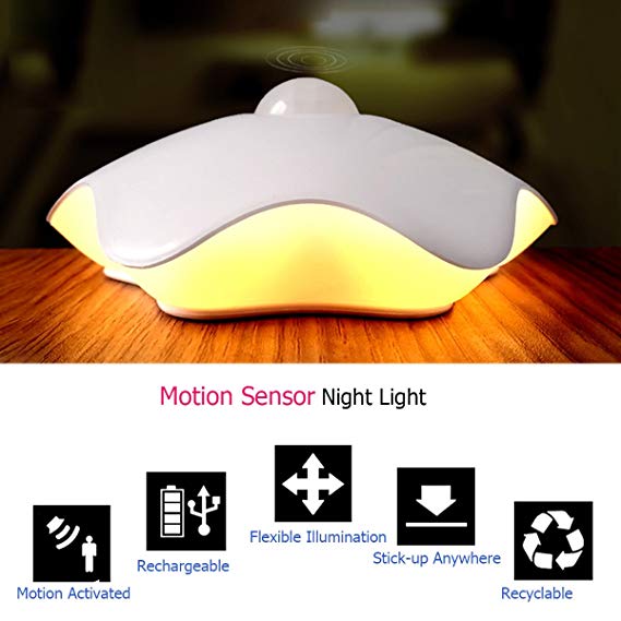 Rechargeable Motion Sensor Night Light, Smavida Six-Leaf LED Auto Nightlight with Soft Warm White Light, Motion Activated Within 6-10ft