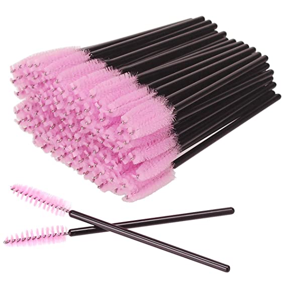 AKStore 100 PCS Disposable Eyelash Brushes Mascara Wands Eye Lash Eyebrow Applicator Cosmetic Makeup Brush Tool Kits… (50-Black-Pink)