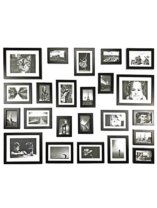 Ray & Chow Black Photo Picture Frame Wall Set - 23 Frames - Real GLASS Front- Solid Wood - With Picture Mounts- Frame Width 2cm - 115x85cm