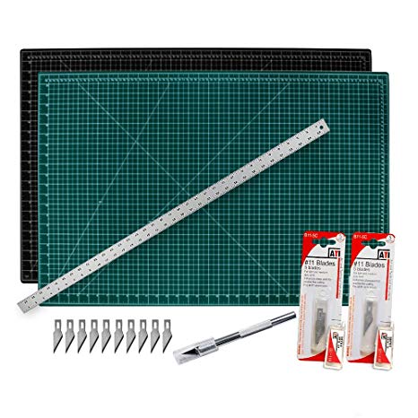 Cutting Mat with Craft Knife & Ruler Set - Professional 18X12 Self Healing Double Sided Rotary Mat Precision Hobby Knife with 10 Easy Replacement Blades and 18” Steel Corked Backed Ruler