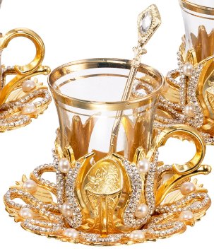 Set of 6 Turkish Style Tea Glasses with Brass Holder Saucer and Spoons Set Silver Plated 24 Pieces - Decorated Gold