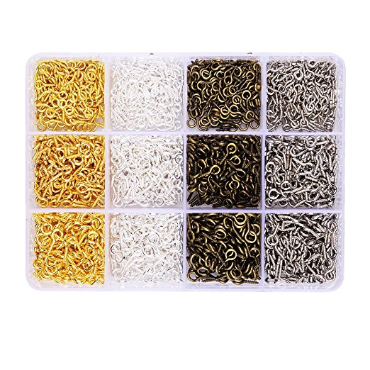 In A Box(960pcs) kit with 4 Color Iron Screw Eye Pin Findings12mmx5.5mm &10mmx5mm & 8mmx4mm for Clay Jewelry Resin Bead making findings