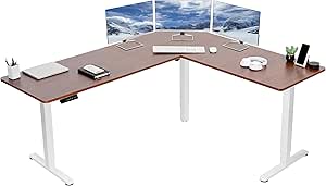 VIVO Electric Height Adjustable 75 x 63 inch Corner Stand Up Desk, Dark Walnut Table Top, White Frame, L-Shaped Standing Workstation, 3CT Series, DESK-E3CTWD-75