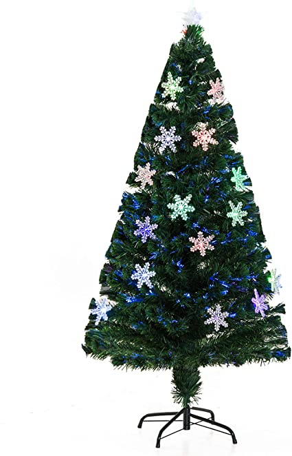 HOMCOM Árbol de Navidad Artificial Árboles de Abeto 150cm con Soporte Decoraciones Navideñas Copos de Nieve Fibra Óptica Brillante LED Multicolor Ignífugo