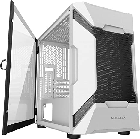 MUSETEX MESH Micro ATX Tower Case with 2 PCS × USB 3.0 Ports Magnetic Design Opening Tempered Glass Door Swing Type Side Panel & Mesh Front Panel (MK7-W)