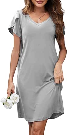 Ekouaer Womens Nightgown Short Sleeves Sleepwear V Neck Nightgowns for Women Petal Sleeves Houses Dress Sleepshirt S-XXL