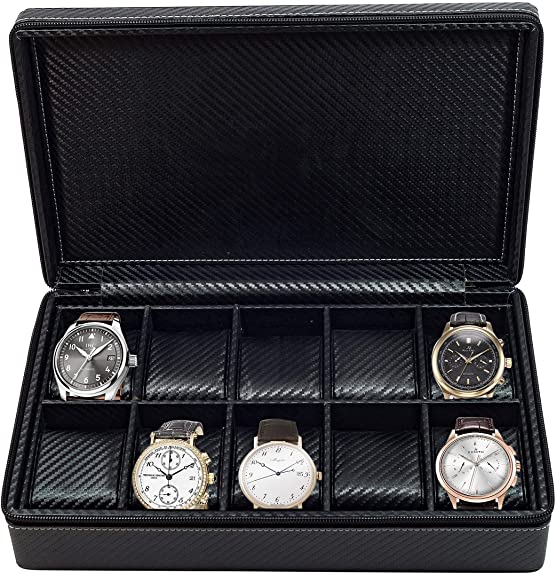 10 Watch Briefcase Black Carbon Fiber Zippered Travel Storage Case 50MM Mens Gift