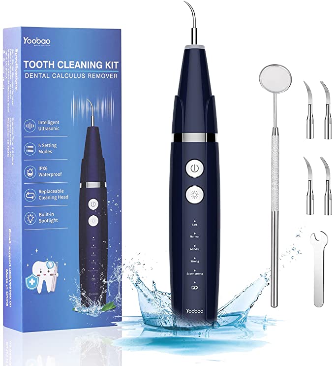 Plaque Remover for Teeth, Yoobao Ultrasonic Electric Tooth Cleaner with 4 Replaceable Heads and 1 Oral Mirror, Dental Tools Calculus Tartar Remover, 4 Modes, USB Charge, Safe for Adult Kids-Dark Blue