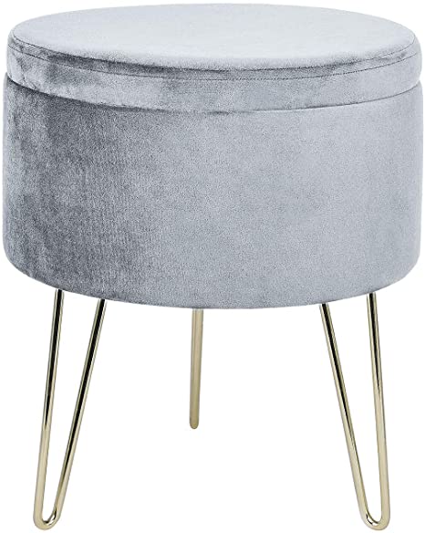 GLOVAL HOME Modern Round Velvet Storage Ottoman Footrest Stool/Seat with Gold Metal Legs & Tray Top Coffee Table,Vanity Stool- (Gray)