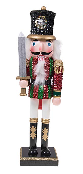 Clever Creations Traditional Wooden Sequin Soldier Nutcracker with Sword Red and Green Uniform | Festive Christmas Decor | 14" Tall Perfect for Shelves and Tables | 100% Wood