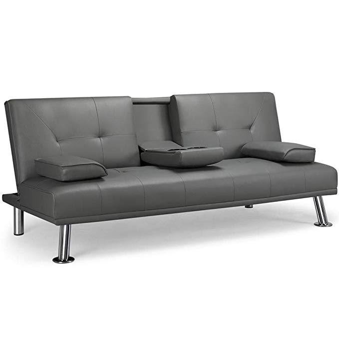 Yaheetech Futon Sofa Bed Faux Leather Futon Couch Sleeper Sofa with Cup Holders and Armrest Gray