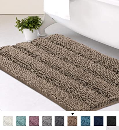 Bathroom Striped Rug Shag Shower Mat Chenille Plush Bath Mats with Water Absorbent Soft Microfibers for Tub Bathroom Shower Mat, Machine-Washable Durable Thick Area Rugs 20" W x 32" L