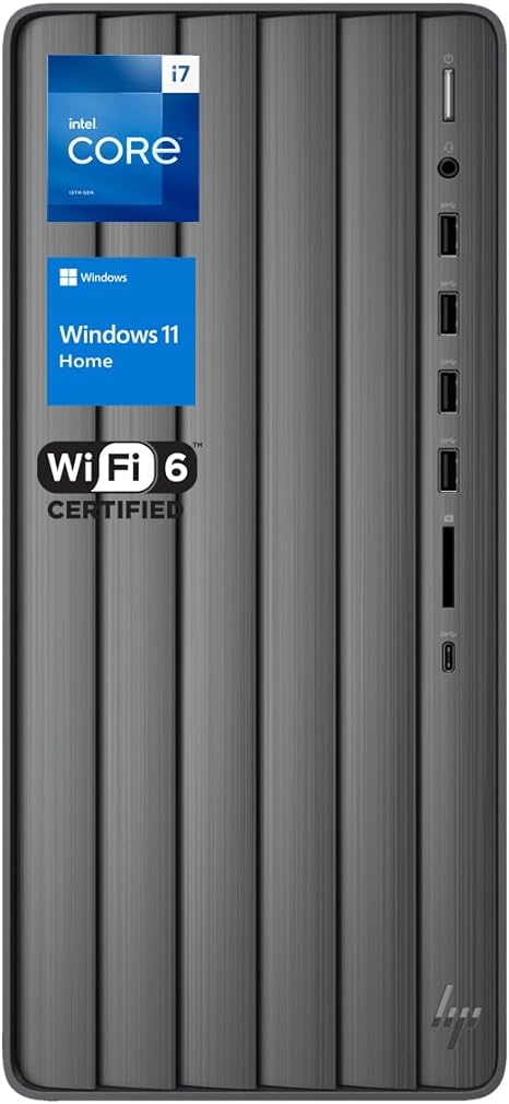 HP Envy Tower Desktop, Intel Core i7-13700, 64GB RAM, 2TB SSD, VGA, HDMI, SD Card Reader, Wired Keyboard & Mouse, Wi-Fi 6, Windows 11 Home, Black