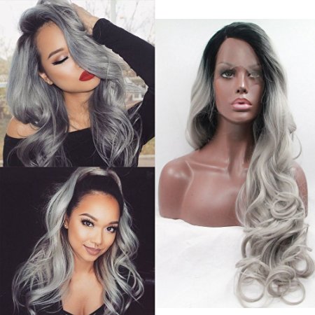 Fennell Fashion Ombre Silver Grey Body Wave Synthetic Lace Front Wig Glueless Long Natural Dark Root Gray Heat Resistant Hair Wigs For Women