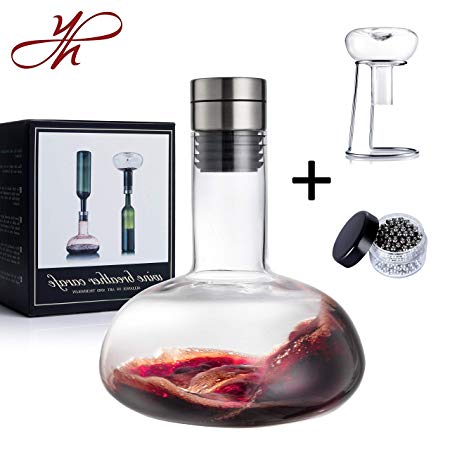YouYah Wine Decanter Set,Wine Breather Carafe with Drying Stand,Steel Cleaning Beads and Aerator Lid,Crystal Glass,Wine Aerator,Wine Accessories,Wine Gift (New Packing)