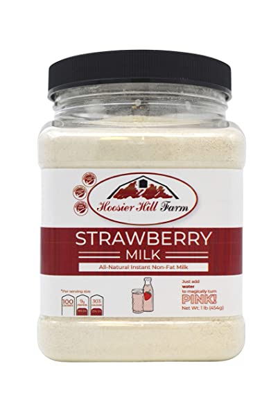 Hoosier Hill Farm Instant Strawberry Nonfat Milk Powder, Non-GMO ingredients, No added sugar, Hormone free, Fat Free, batch tested Gluten free, 1 lb. Made in the USA