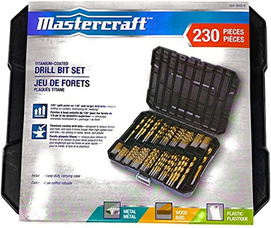 MASTERCRAFT Titanium Twist Drill Bit Set – 230 Pcs | Coated High-Speed Steel for Wood, Plastic, and Metal with Storage Case | 1/16" - 1/2 Inch
