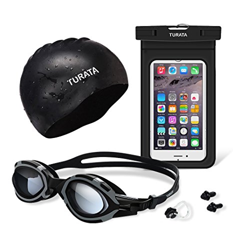 Swimming Kit - TURATA Summer Sports Kit Swimming Complete Bundle, Best for Aquatics, Swimming, Diving [1 Swimming Goggles, 1 Swimming Cap and 1 Waterproof Case Included]