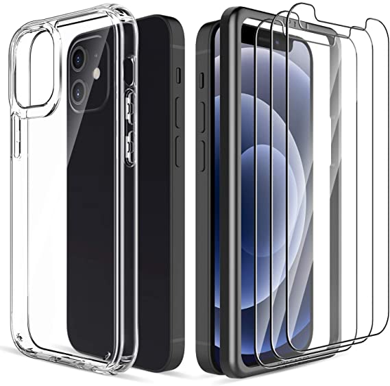 LK iPhone 12 Mini 5G 5.4 inch Case with 3 Pack Tempered Glass Screen Protector, Acrylic Back and TPU Bumper, Shock-Absorption, Full Protection, Cover - Clear