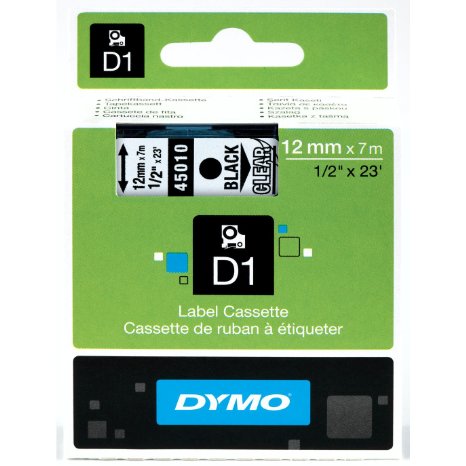 DYMO High-Performance Permanent Self-Adhesive D1 Polyester Tape for Label Makers 12-inch Black Print on Clear 23-foot Cartridge 1838816