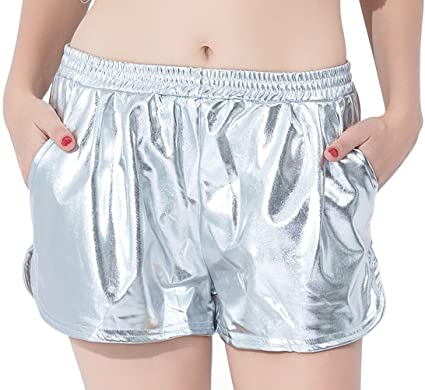 speerise Womens Casual Shiny Metallic Elastic Waist Loose Yoga Shorts with Pockets