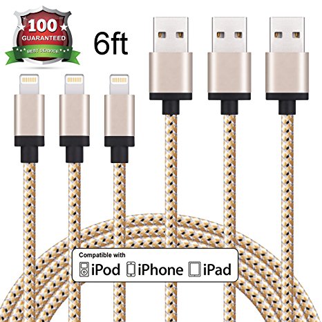 Xcords iPhone Charger 3Pack 6FT Nylon Braided Lightning Cable Charging Cord for iPhone X 8 8Plus 7 7Plus 6s 6sPlus 6 6Plus SE 5 5s 5c iPad iPod & More (Gold)