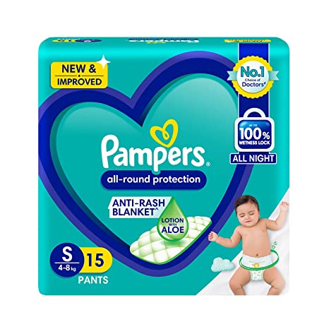 Pampers All round Protection Pants, Small size baby Diapers, (S) 15 Count Lotion with Aloe Vera