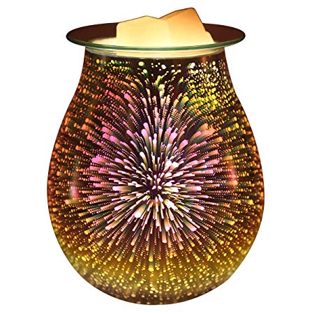 DELIWAY Electric Oil Warmer,Glass Tart Burner with 3D Effect Night Light,Wax Melt Warmer for Home Office Bedroom Gifts & Decor (3D Fireworks)