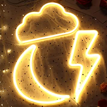 Moon Cloud and Bolt Neon Signs Decorative LED Neon Lights Led Neon Wall Sign Light Decor Battery or USB Operated for Christmas, Birthday, Wedding Party Decoration (Yellow)