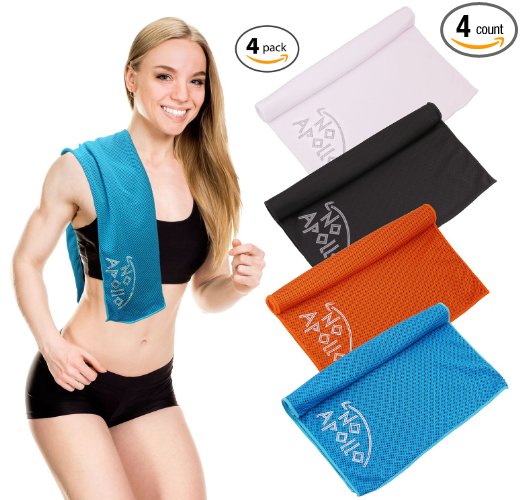 4 Piece Cooling Towel Set (36"x12") Soft Microfiber Towel or Headband for Sports, Fitness, Running, Cycling, Gym, Crossfit, Hiking, Yoga, Hot Flash Relief