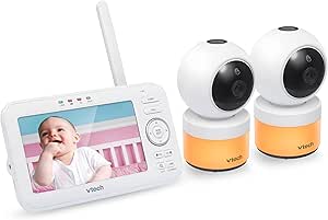 [Upgraded] VTech VM5463-2 Video Baby Monitor 5" LCD with 2 Cameras, Battery 12 Hrs. Video Mode, Pan Tilt Zoom, Color Night Light, Glow On The Ceiling Projection, Sound Activated Features, Two-Way Talk