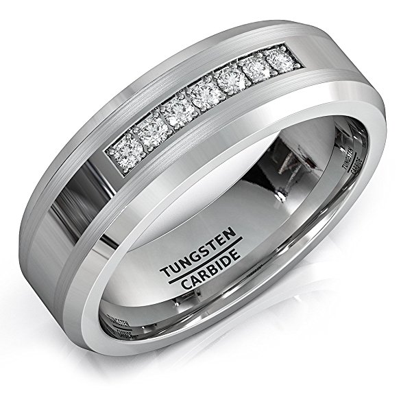 8mm Tungsten Carbide Ring with Brilliant Zircon Mens Wedding Band