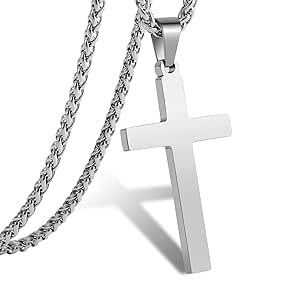 SR RS Plain Cross Necklace for Men Boys Stainless Steel Silver Gold Black Cross Pendant Simple Religious Gifts, 24 Inches Chain