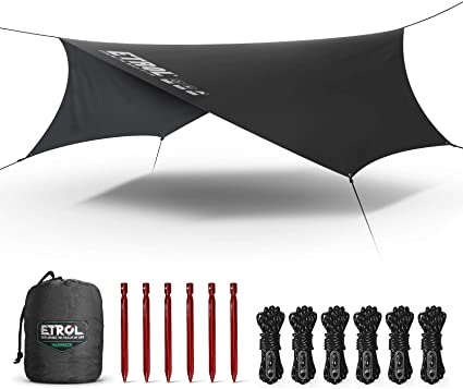 ETROL Waterproof Camping Tent Tarp - 142"x110"/3.6m x 2.8m - 5 in 1 Multifunctional Canvas Tarps for Hammock, Backpack, Survival Shelter - Lightweight Ripstop - Black, Army Green