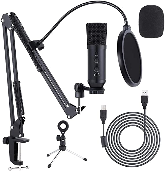 Ohuhu USB Microphone, Condenser Laptop pc Gaming Mic Podcast Microphone Kit with Scissor Boom Arm Stand, Tripod Stand & Pop Filter for Streaming Podcast, YouTuber, Gaming