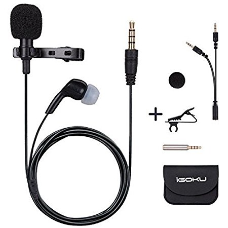 Lavalier Lapel Microphone with Earphone, iGOKU 3.5mm Clip-on Mic Omnidirectional Condenser Mic for iPhone / PC /Smartphone, Ideal For Interview, YouTube Recording, Podcasting, Filming, Facebook Live
