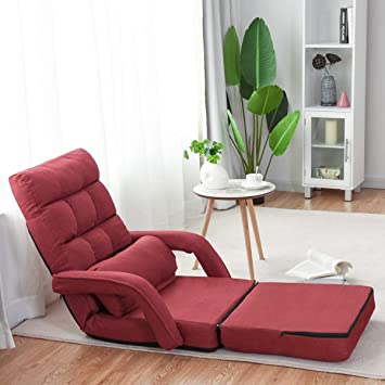 COSTWAY Adjustable Folding Lazy Sofa Bed with Pillow and Armrests, Convertible Floor Armchair Sofa Seat for Home Office, Easy-to-Clean (Red)