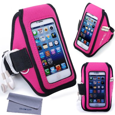 iPhone SE 5 5s 5c Armband Case, Wisdompro® Armband with Headphones Organizer & Key Holder for Apple iPhone SE/5/5s/5c, iPod Touch 5/6 (Hot Pink/Black)