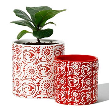 POTEY Ceramic Planters Indoor with Red Pattern for Plants - 5.9  4.7 Inch Cylinder Plant Pots, Home Decoration Gifts for Friends Family Women Mom(Set of 2, Plant NOT Included)