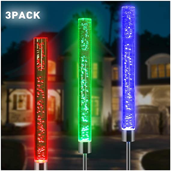 Upgraded Garden Solar Lights Outdoor Solar Acrylic Bubble RGB Color Changing Solar Powered Garden Stake Lights for Garden Patio Backyard Pathway Decoration (3 PCS)