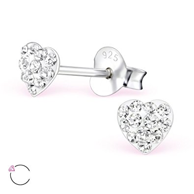 Hypoallergenic Silver Heart Stud Earrings With Swarovski Crystals for Girls (Nickel Free and Safe for Sensitive Ears)