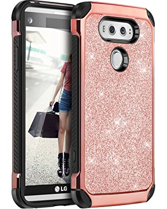 LG V20 Case, BENTOBEN Glitter Bling Luxury 2 in 1 Hybrid Ultra Slim Hard Laminated with Sparkly Shiny Faux Leather Chrome Shockproof Protective Case for LG V20, Rose Gold