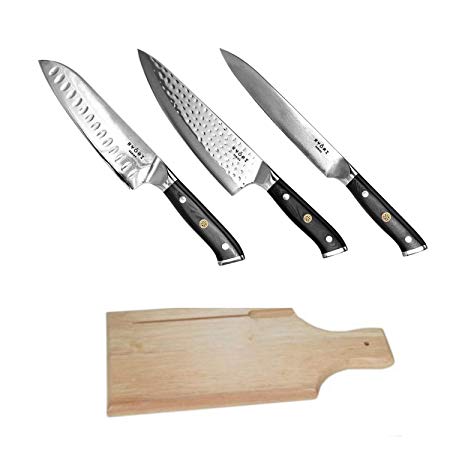 ChefWave 8" Chef Knife, 7" Santoku Knife and 6" Kitchen Utility Knife, 67 Layers of Ultra Sharp Japanese Damascus Steel - AUS-10 Blade - Premium G-10 Handle, Comfort Grip Includes Cutting Board