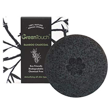 GreenTouch All Natural Konjac Facial Sponge with Activated Bamboo Charcoal | Remove the Oil & Exfoliation | Improved Skin Texture | Round-shaped Deep Cleansing | Plant Fiber 100% Biodegradable | Black