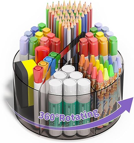 Mefirt Acrylic Pen Organizer, 360 Degree Rotating Acrylic Desk Organizer, Desktop Stationary Organizer, Marker Organizer with 6 Compartments Crayon Holder for Office School Home Art Supply, Grey