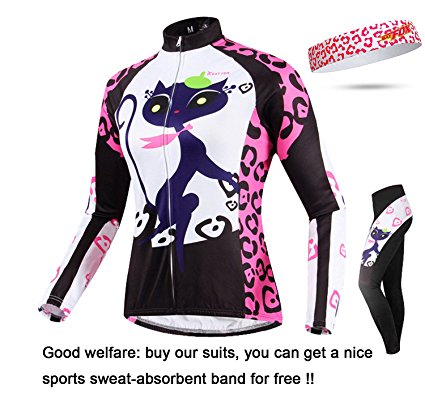 Basecamp Womens Cycling Jersey and 3D Padded Compression Pants Tights Set Outfit, Girls Mountain Road Bike Riding Clothes Biking Bicycle Long Sleeve Jerseys,Free Sweat Headband
