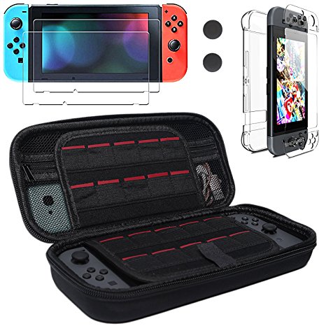 Nintendo Switch Case,Carrying Case with 20 Game Cartridges,[ Switch Crystal Hard Back Clear Cover and Tempered Glass Screen Protector, Full-body Protective Set for Nintendo Switch,2 Thumb Grips Caps ]